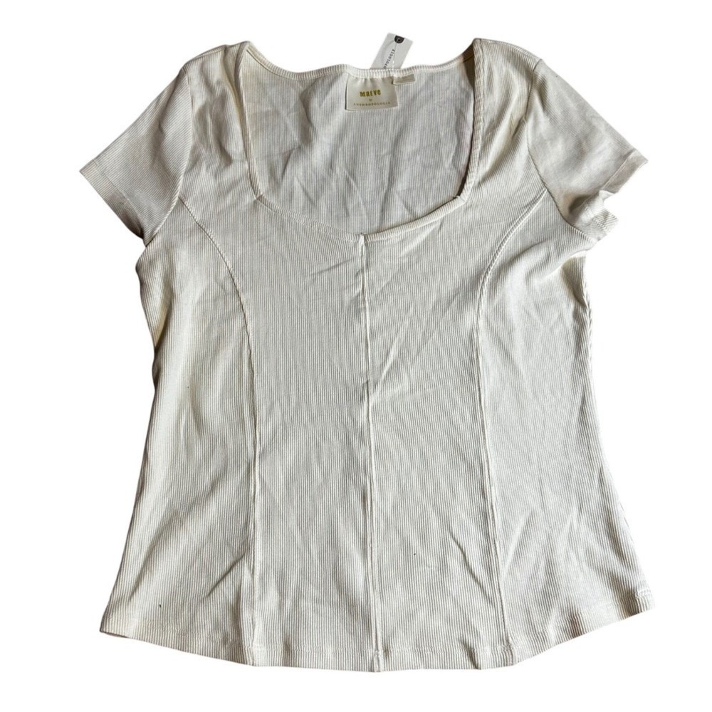 Maeve Anthropologie Ivory Ribbed Square Neck Top Tee Shirt Large Y2K
